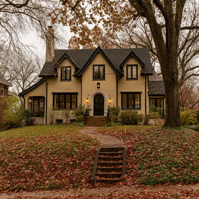 40 Tan House With Black Trim Exteriors Worth Copying 33 Storybook Tudor tan and black house with tan stucco, black window trim, and an arched stone entry in autumn
