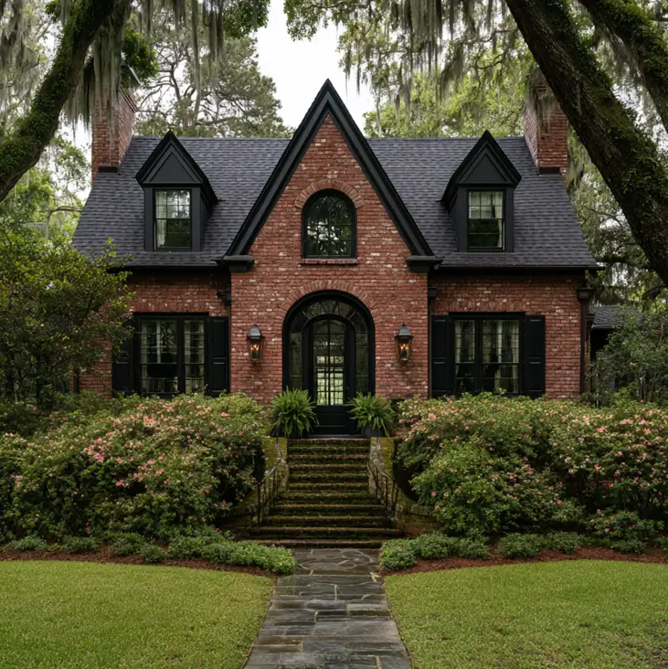 46 Red Brick House With Black Trim Ideas for Standout Curb Appeal 34 Red brick cottage with black trim, black shutters, dormers, and an arched door