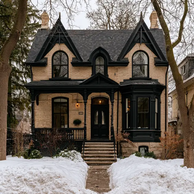 40 Tan House With Black Trim Exteriors Worth Copying 34 Tan house with black trim on a Victorian, with honey-tan brick and dark trim on the gables and bay window