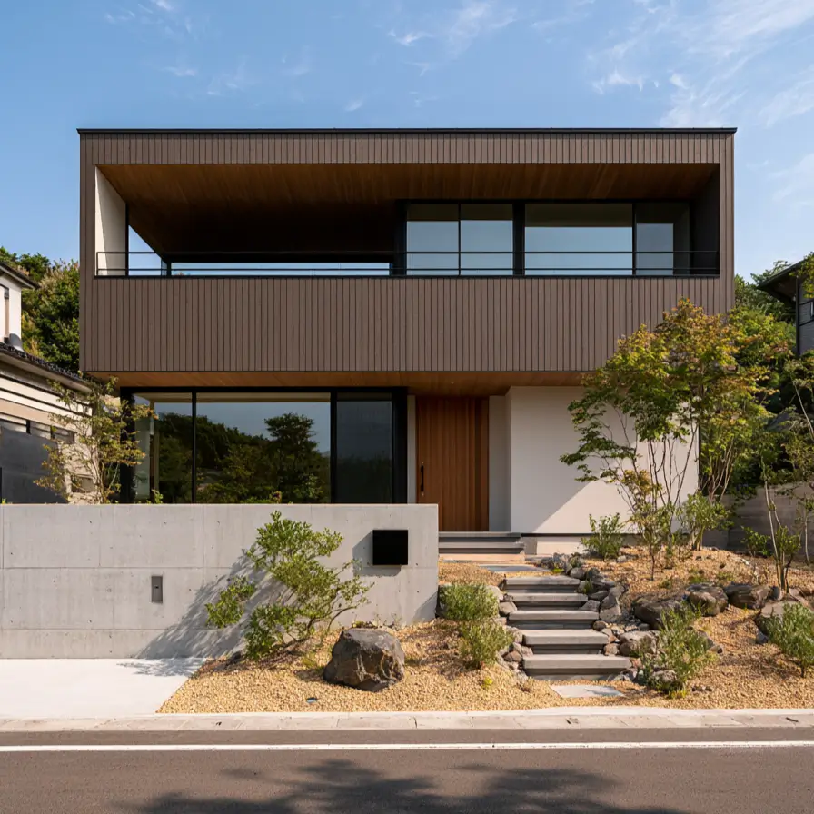 Hillside House Design: 38 Ideas for Building With the Slope 34 timber-clad modern hillside house above a concrete retaining wall with climbing stone steps