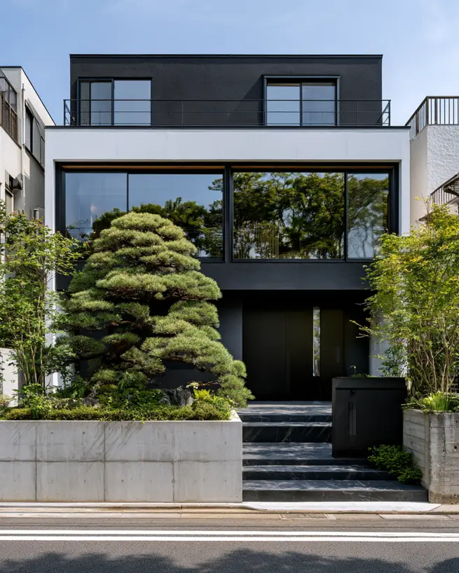 46 Modern Black and White House Exterior Ideas for a Timeless Look 35 Modern black and white house exterior with a dark upper box, white middle band, and black entry recess