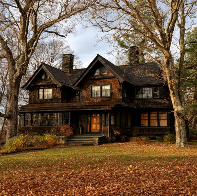 37 Brown House with Black Trim Ideas for a Warm, Modern Exterior 35 Deep brown cedar-shingle Shingle-Style estate with black window trim across multiple gables in autumn