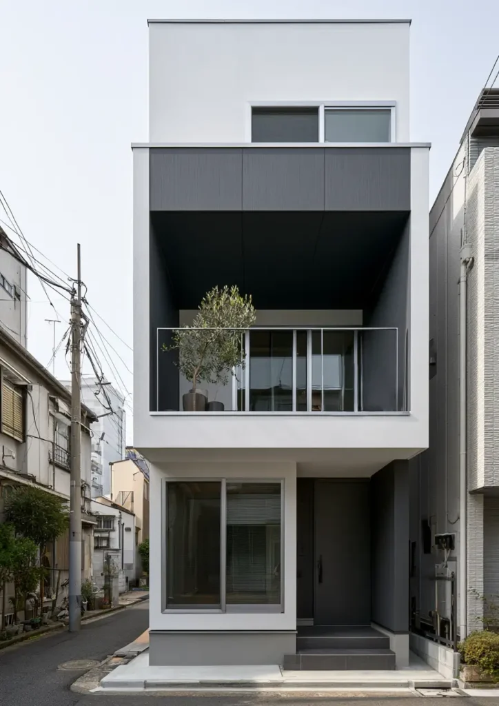 Modern Japanese House Design: 58 Ideas, Costs, and What Defines the Style 35 A deep recessed balcony void cut into a white render facade on a narrow urban plot.