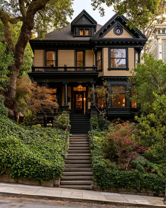 40 Tan House With Black Trim Exteriors Worth Copying 35 Painted Lady Victorian tan and black house with butter-tan clapboard and glossy black trim and spindlework