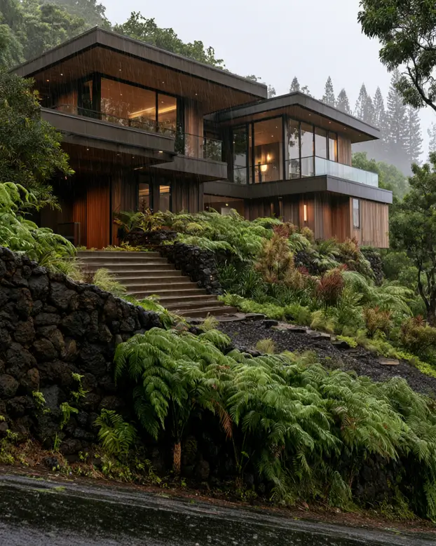 Hillside House Design: 38 Ideas for Building With the Slope 35 wood-clad modern hillside house stepping up a tropical fern slope with a lava-rock retaining wall