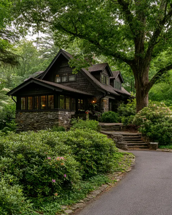 37 Brown House with Black Trim Ideas for a Warm, Modern Exterior 36 Deep brown cedar-shingle cottage with dark window frames and gable trim on a stone-pier base in a wooded garden