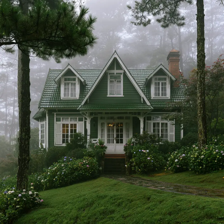 43 Green House With White Trim Ideas for Fresh Curb Appeal 36 dark green house with white trim, louvered shutters, and a green tile roof on a misty forest cottage