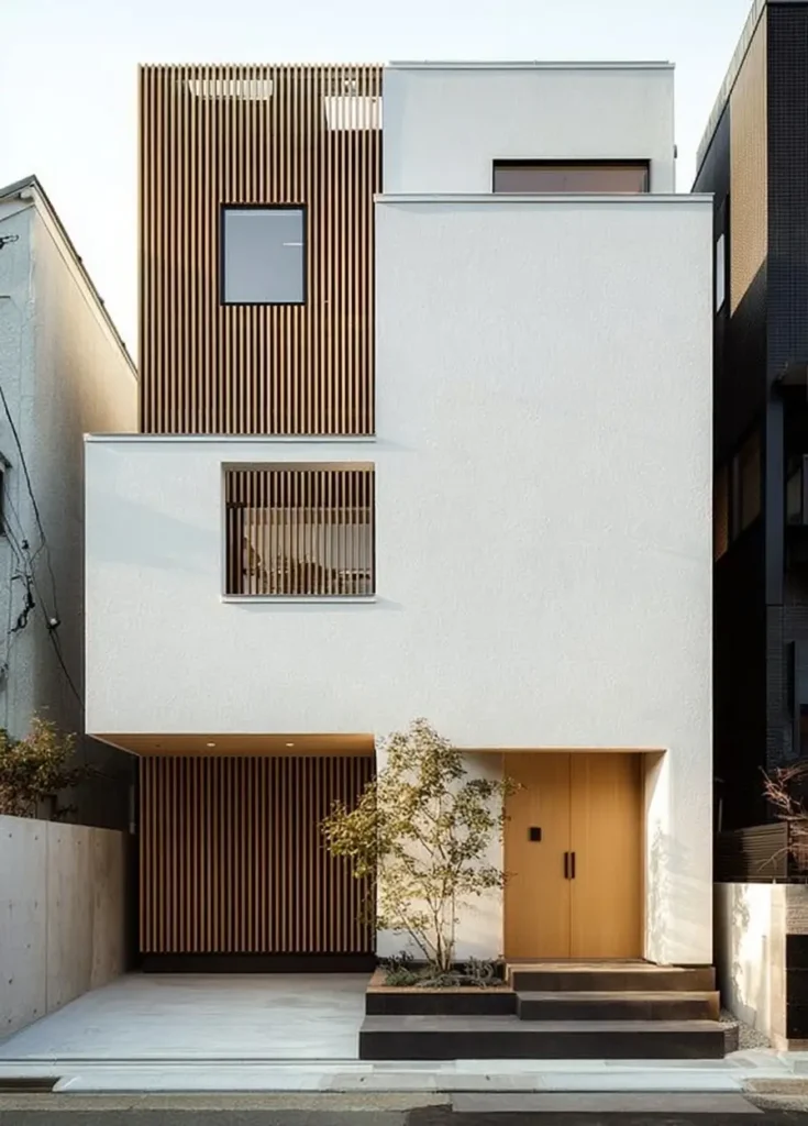 Modern Japanese House Design: 58 Ideas, Costs, and What Defines the Style 36 Stacked white render volumes with vertical timber batten screens and a recessed carport.