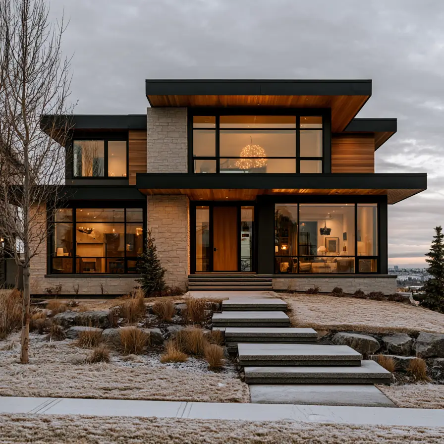 Hillside House Design: 38 Ideas for Building With the Slope 36 wood and stone modern hillside house on a terraced pad with floating stone steps and a valley view