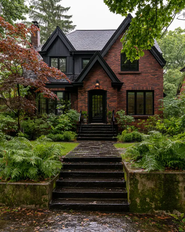 46 Red Brick House With Black Trim Ideas for Standout Curb Appeal 36 Red brick house with black trim, one black-sided gable, and an arched black door