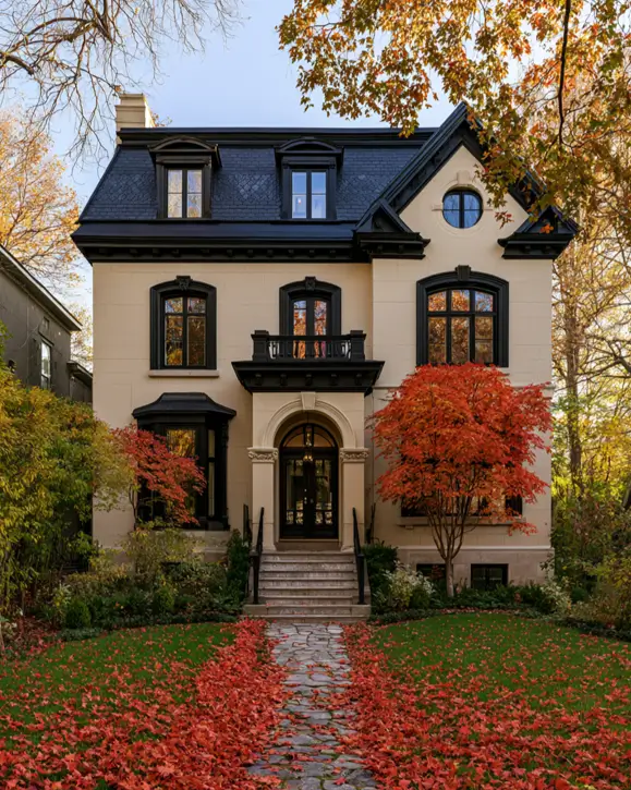 40 Tan House With Black Trim Exteriors Worth Copying 36 Tan house with black trim on a Second Empire home, with cream-tan stucco and a dark slate mansard roof