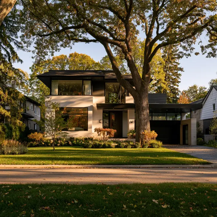 46 Modern Black and White House Exterior Ideas for a Timeless Look 36 Warm white stucco home with a black flat roof and black-framed windows