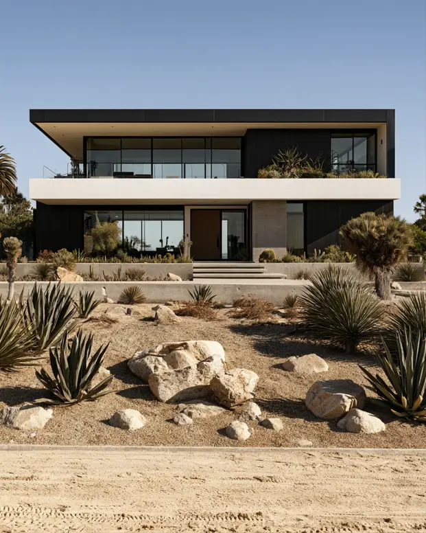 46 Modern Black and White House Exterior Ideas for a Timeless Look 37 Desert home with a floating black roof, white band, and wood door