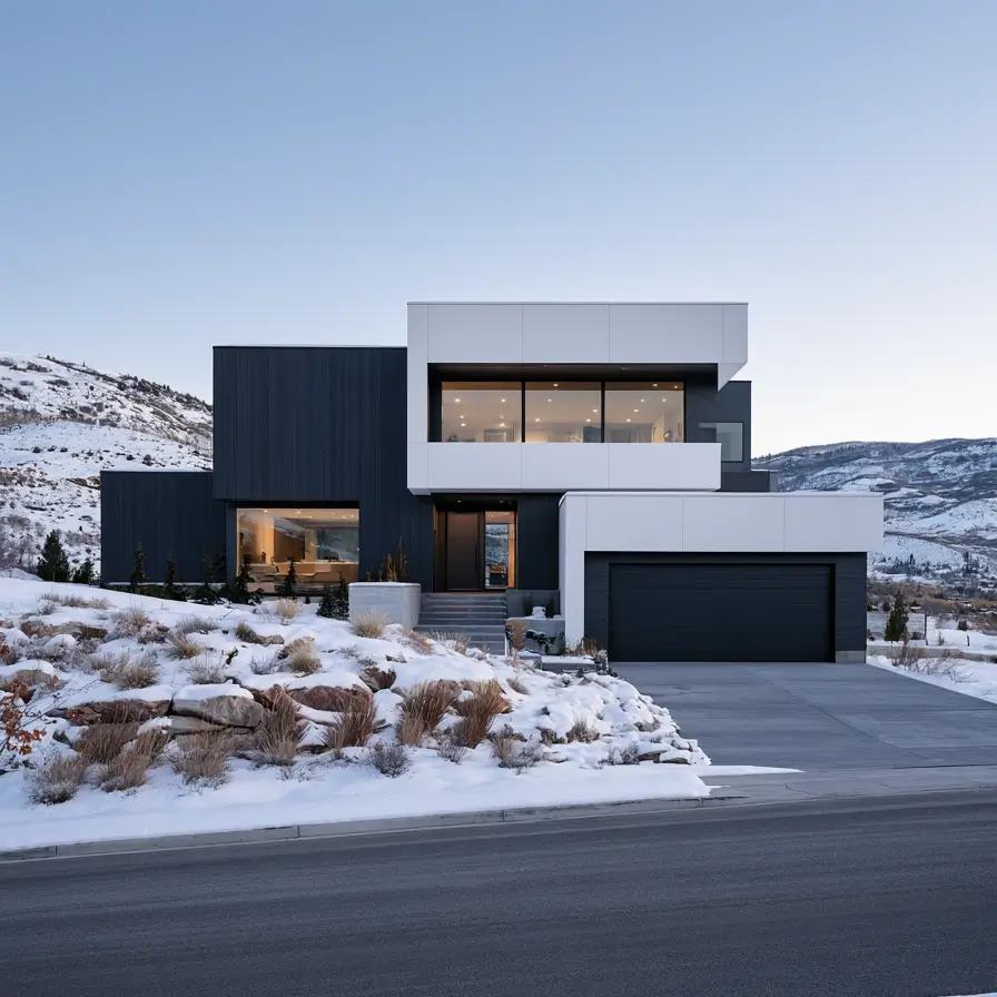 Hillside House Design: 38 Ideas for Building With the Slope 37 black and white modern hillside house design on a rocky snowy slope with foothills behind