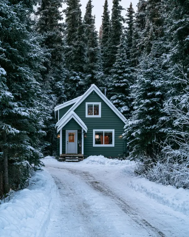 43 Green House With White Trim Ideas for Fresh Curb Appeal 37 dark green house with white trim, white front door, and gable trim on a small green log cabin in a snowy evergreen forest
