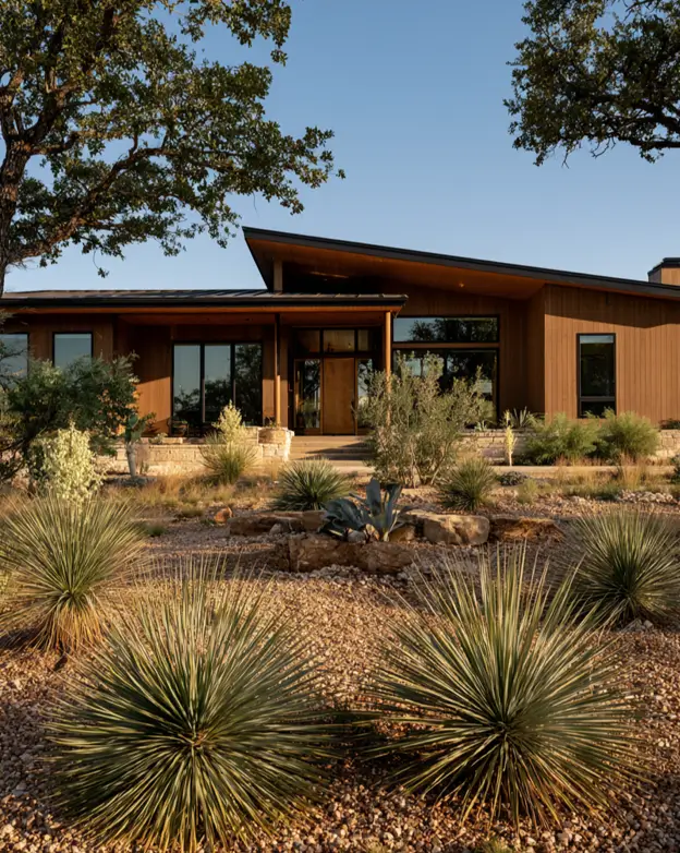 37 Brown House with Black Trim Ideas for a Warm, Modern Exterior 37 Light brown house with black trim, a honey-brown wood ranch with black-framed window walls and a dark metal roof