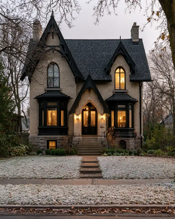 40 Tan House With Black Trim Exteriors Worth Copying 37 Gothic Revival tan and black house with oat-toned brick, black window trim, and pointed gables