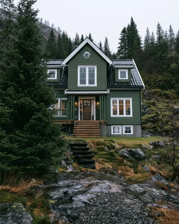43 Green House With White Trim Ideas for Fresh Curb Appeal 38 dark green house with white trim, a round gable window, and white casings on a Norwegian fjord-side home