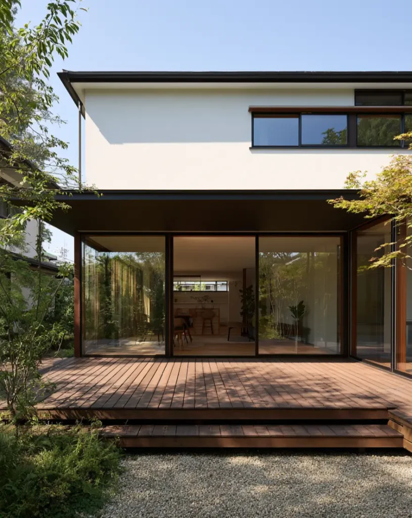 Modern Japanese House Design: 58 Ideas, Costs, and What Defines the Style 38 A deep roof overhang shading full-width sliding glass doors above a timber deck.