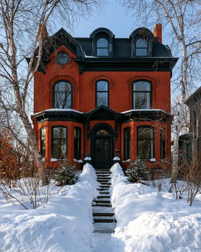 46 Red Brick House With Black Trim Ideas for Standout Curb Appeal 38 Red brick Victorian house with ornate black trim and a curved black mansard roof