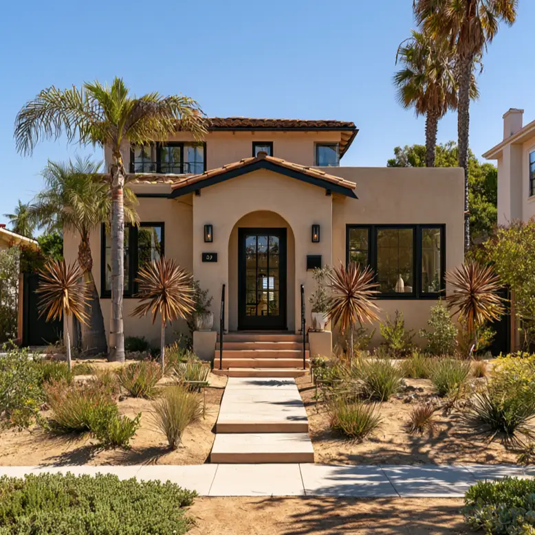 40 Tan House With Black Trim Exteriors Worth Copying 38 Spanish Revival tan house with black trim, a dark arched door, and a terracotta tile roof