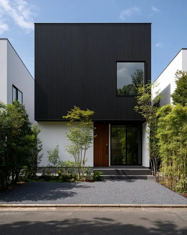 46 Modern Black and White House Exterior Ideas for a Timeless Look 39 Modern black and white house exterior with a dark ribbed cube over a white stucco base