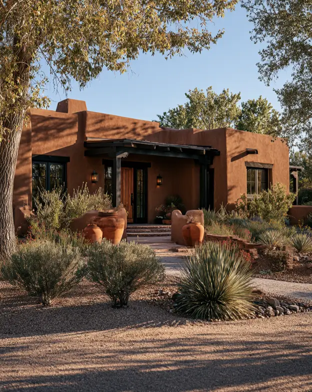 37 Brown House with Black Trim Ideas for a Warm, Modern Exterior 39 Brown house with black trim, a warm brown adobe Pueblo-style home with black window frames and dark timber porch posts
