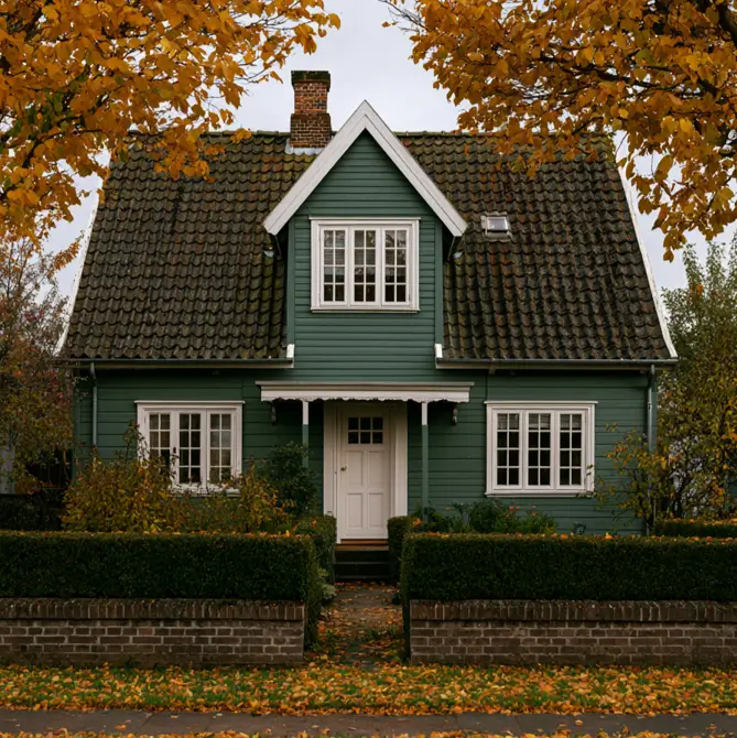 43 Green House With White Trim Ideas for Fresh Curb Appeal 39 dark green house with white trim, a white door, and dormer window on a storybook cottage with autumn leaves
