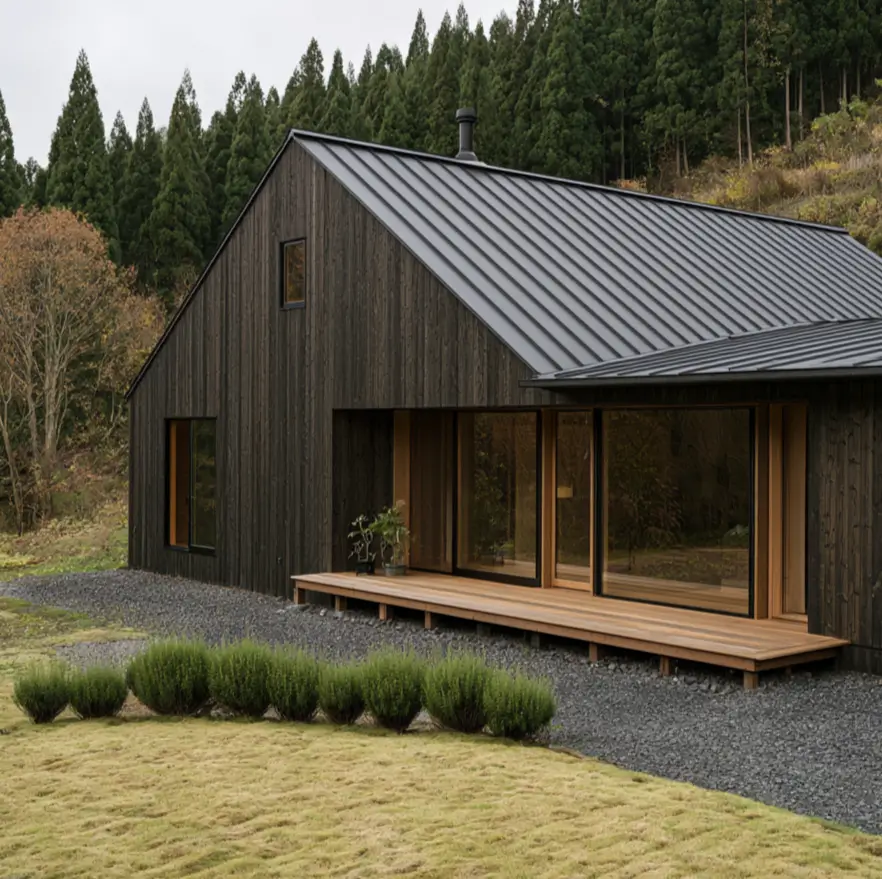 Modern Japanese House Design: 58 Ideas, Costs, and What Defines the Style 39 A raised engawa-style deck along charred timber walls under a plain gabled metal roof.