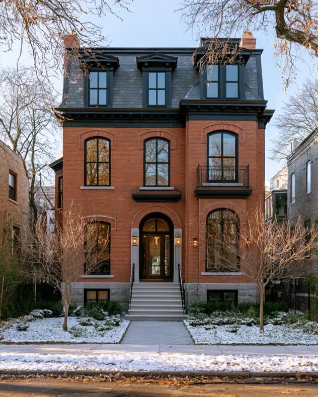46 Red Brick House With Black Trim Ideas for Standout Curb Appeal 39 Red brick townhouse with black trim windows arranged in symmetrical rows