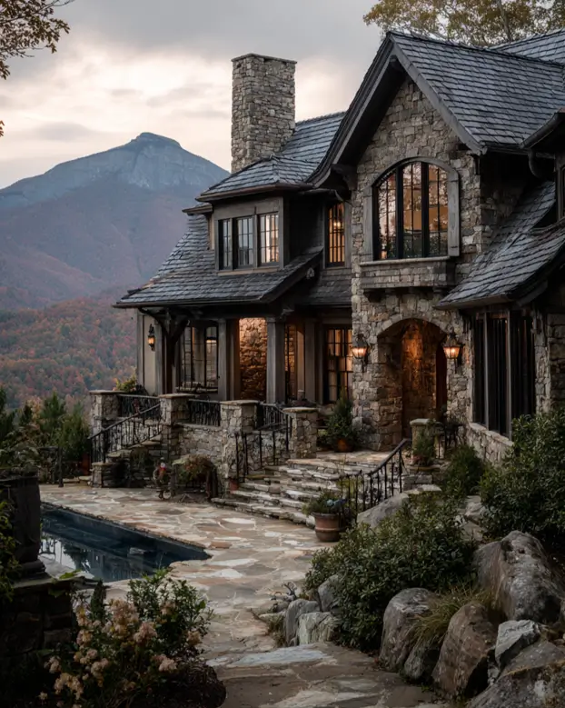 Hillside House Design: 38 Ideas for Building With the Slope 39 stone and timber hillside lodge on a terraced cliffside with a pool terrace and mountain view