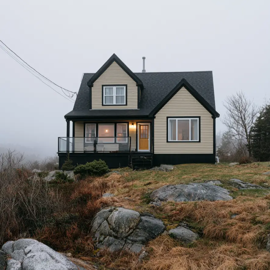 40 Tan House With Black Trim Exteriors Worth Copying 39 Tan and black house coastal cottage with black window trim, a dark skirt, and a yellow door in fog