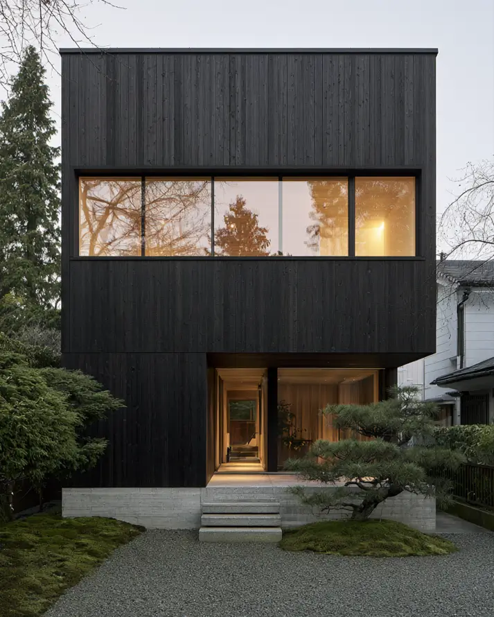 Modern Japanese House Design: 58 Ideas, Costs, and What Defines the Style 40 A long band of glazing reflecting trees across charred dark boards, with a trained pine in gravel.