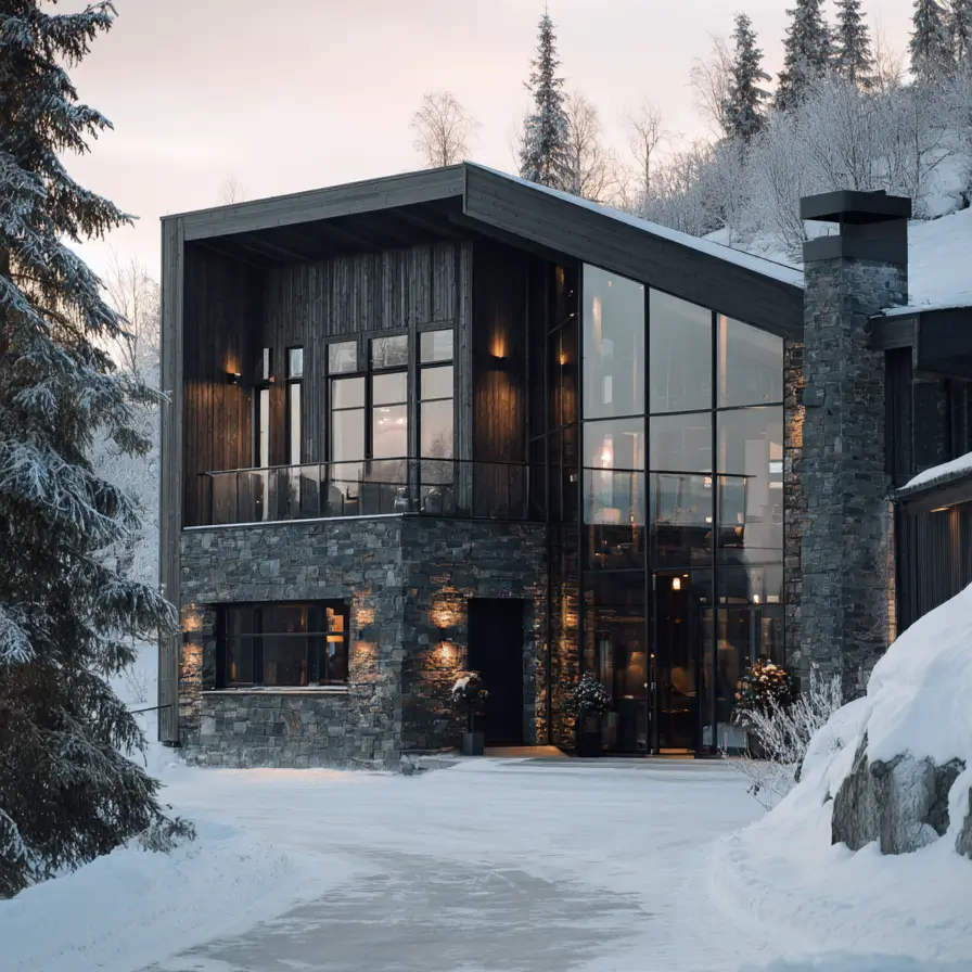 Hillside House Design: 38 Ideas for Building With the Slope 40 dark timber and stone Nordic hillside house set into a snowy forested mountain slope