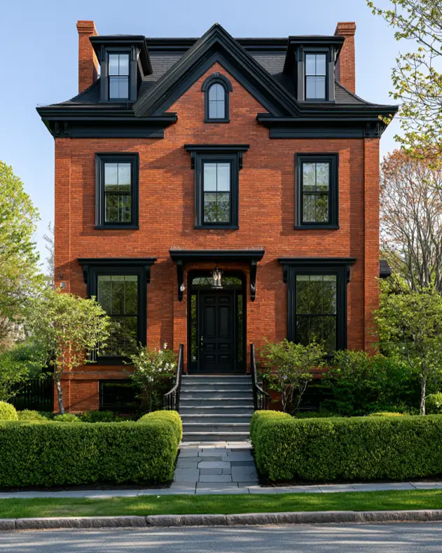 46 Red Brick House With Black Trim Ideas for Standout Curb Appeal 40 Symmetrical red brick house with black trim and bold black window cornices