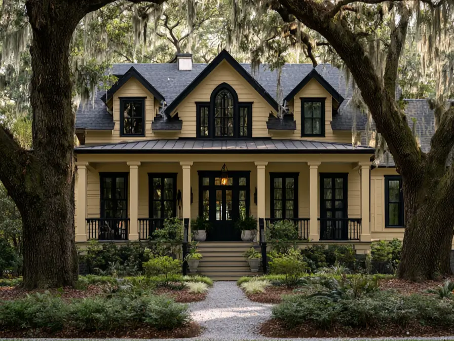 40 Tan House With Black Trim Exteriors Worth Copying 40 Tan house with black trim on a raised Lowcountry cottage, with butter-tan siding and a deep porch