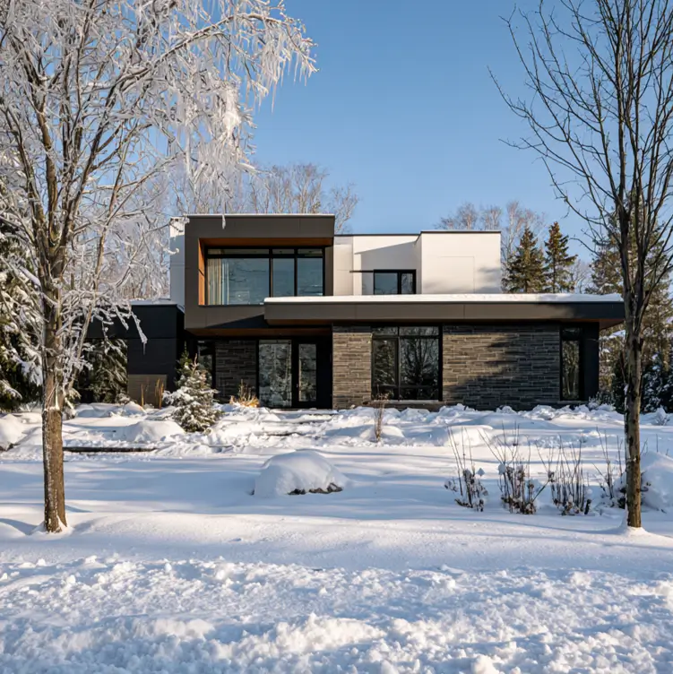 46 Modern Black and White House Exterior Ideas for a Timeless Look 40 Winter home mixing a white box, charcoal stone, and a warm wood bay