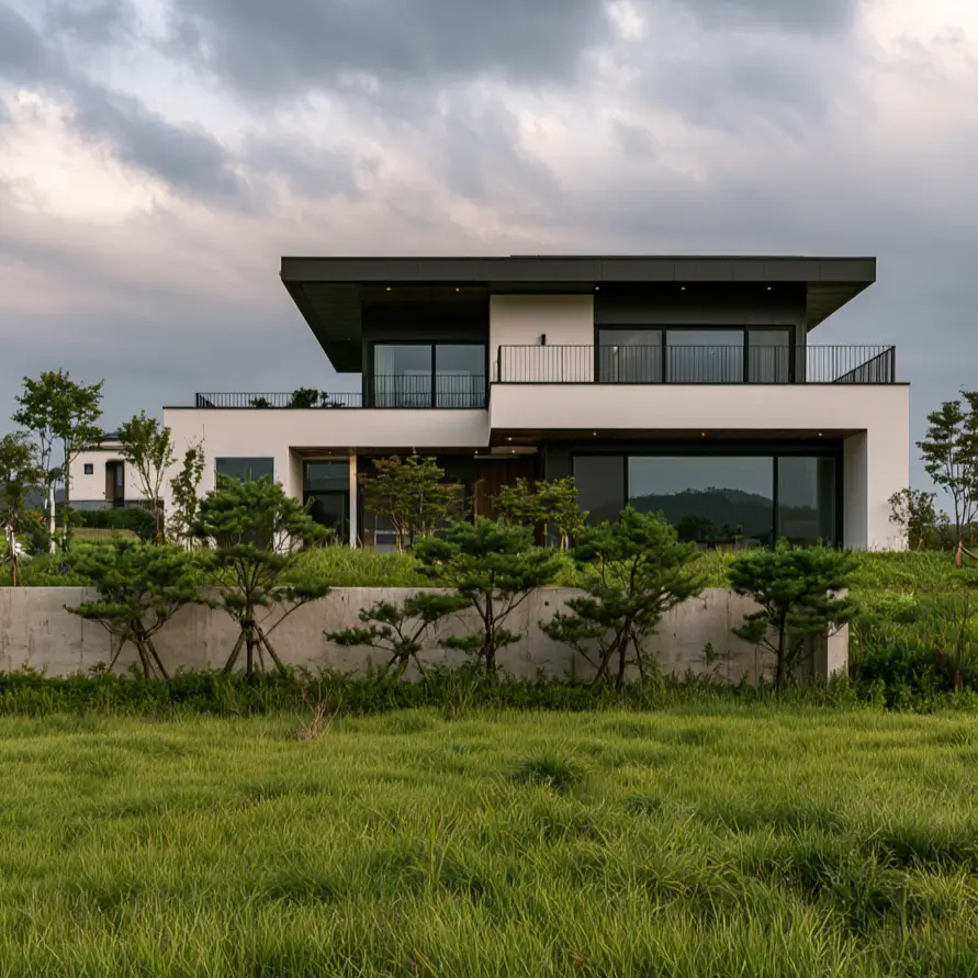 46 Modern Black and White House Exterior Ideas for a Timeless Look 41 Prairie home with a broad black floating roof over white stucco walls