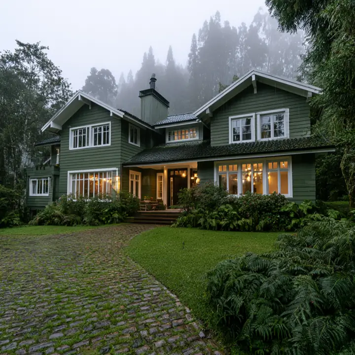43 Green House With White Trim Ideas for Fresh Curb Appeal 41 dark green house with white trim, large white-cased windows, and glowing panes on a craftsman lodge in misty hills