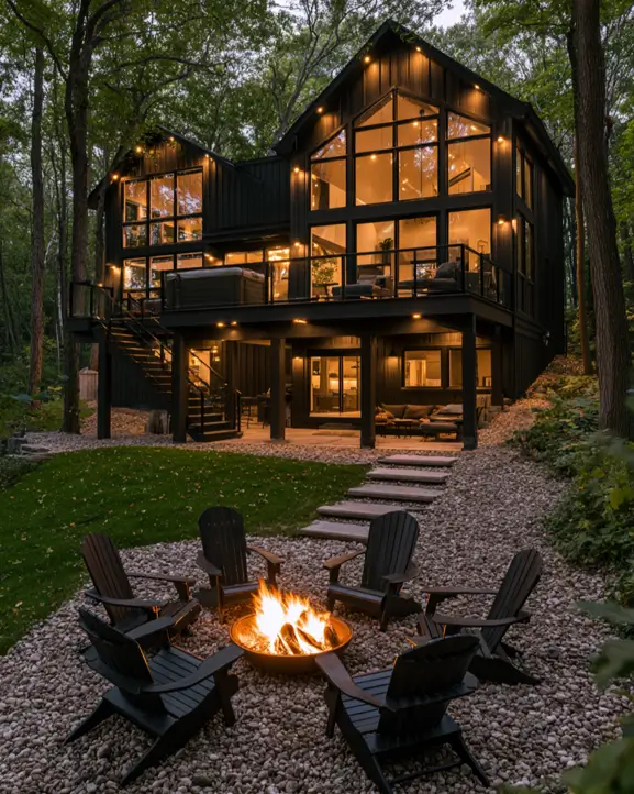 Hillside House Design: 38 Ideas for Building With the Slope 6 black board-and-batten hillside home with a walkout lower level and glass gable in the woods