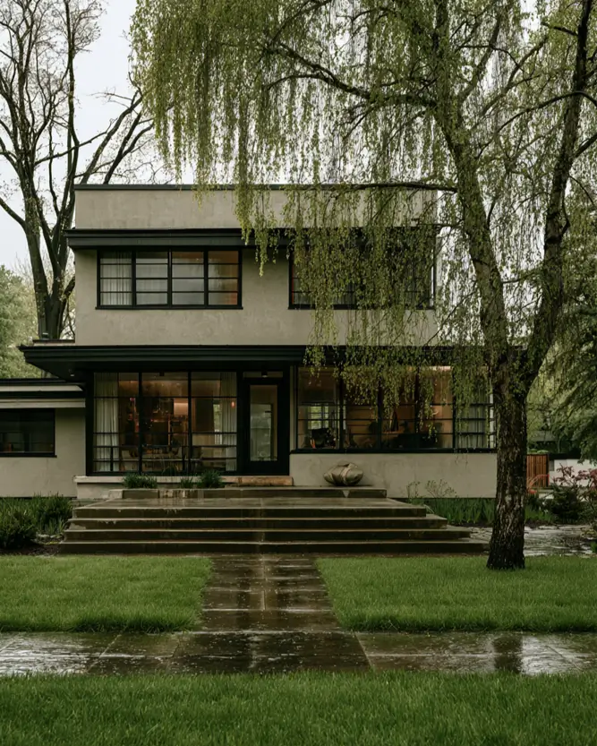 Taupe House With Black Trim: 28 Ideas + Best Paint Colors 6 Taupe house with black trim on a greige streamline moderne home with gridded charcoal windows