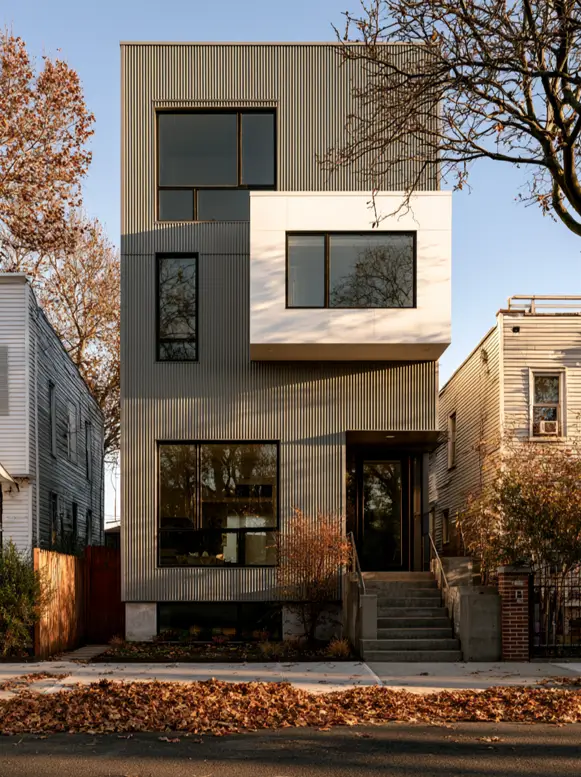 Modern Grey and White House Exterior: 30 Two-Tone Ideas 6 Modern grey and white house exterior with grey corrugated metal siding, white panel box, black-framed windows on a narrow three-story lot