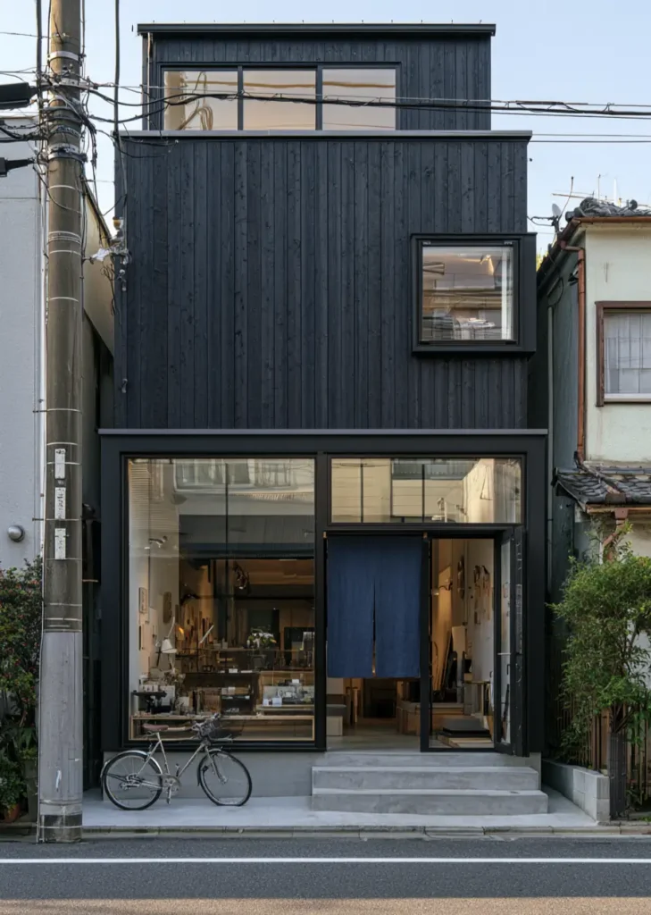 Modern Japanese House Design: 58 Ideas, Costs, and What Defines the Style 6 A modern Japanese house in charred cedar with a glazed shopfront and indigo noren at street level.