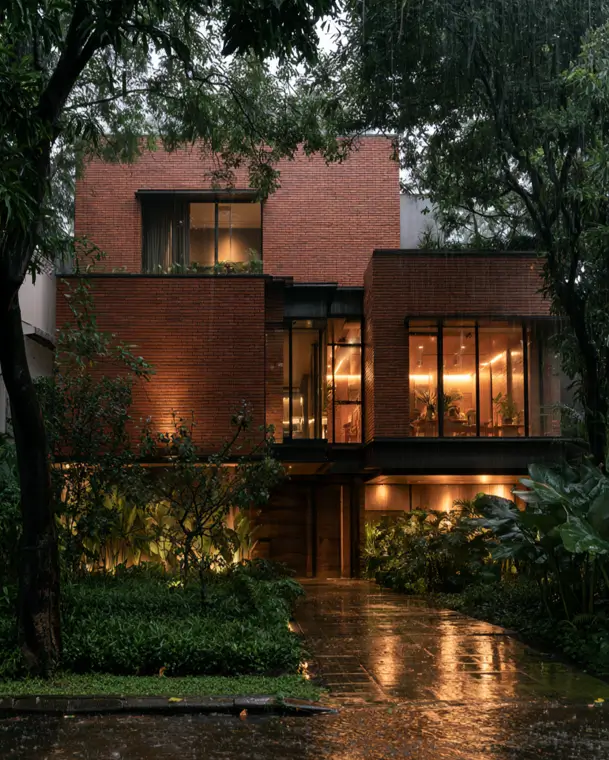46 Red Brick House With Black Trim Ideas for Standout Curb Appeal 6 Modern red brick house with black trim and glowing corner glazing at dusk