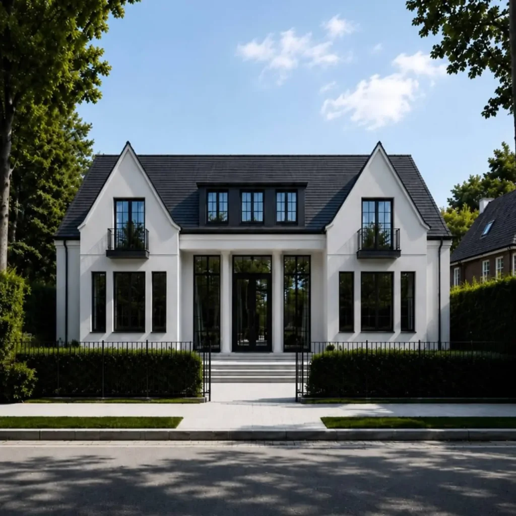 46 Modern Black and White House Exterior Ideas for a Timeless Look 6 Symmetrical white stucco facade with black-framed windows and a slate roof