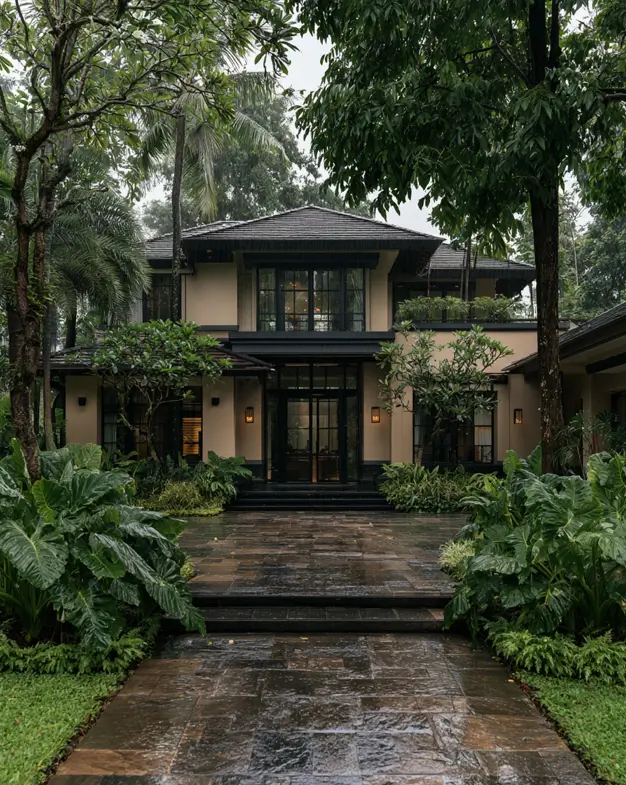 40 Tan House With Black Trim Exteriors Worth Copying 6 Tropical modern tan and black house with black window frames, a dark hipped roof, and lush planting