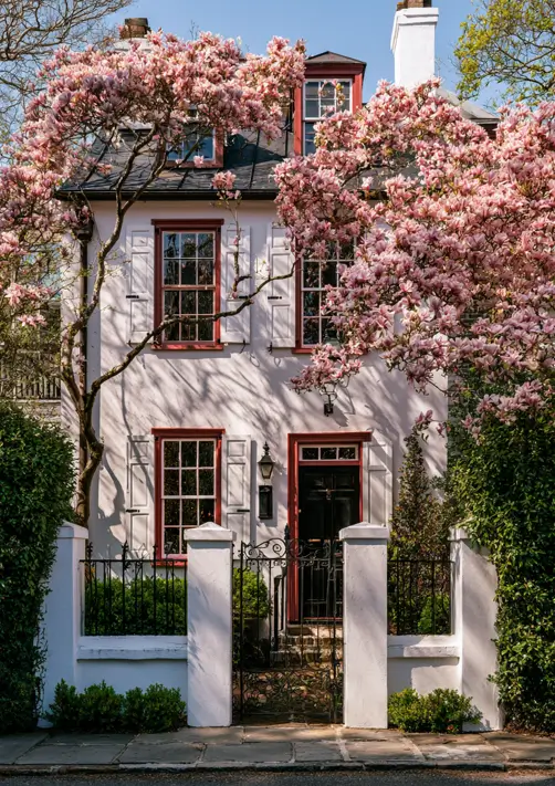 White House with Red Trim: 27 Ideas and How to Pick Your Red 6 White townhouse with coral-red window surrounds and pale shutters under a blooming magnolia