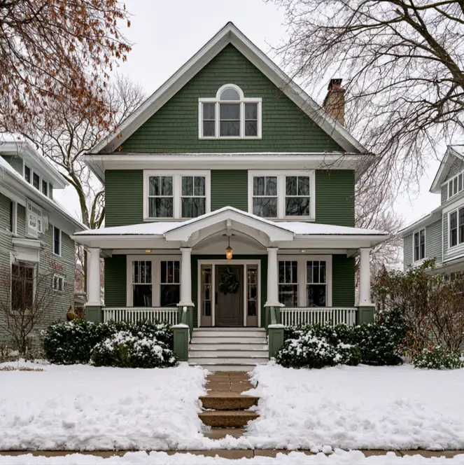43 Green House With White Trim Ideas for Fresh Curb Appeal 42 dark green house with white trim, an arched attic window, and a columned porch on an American Foursquare in snow