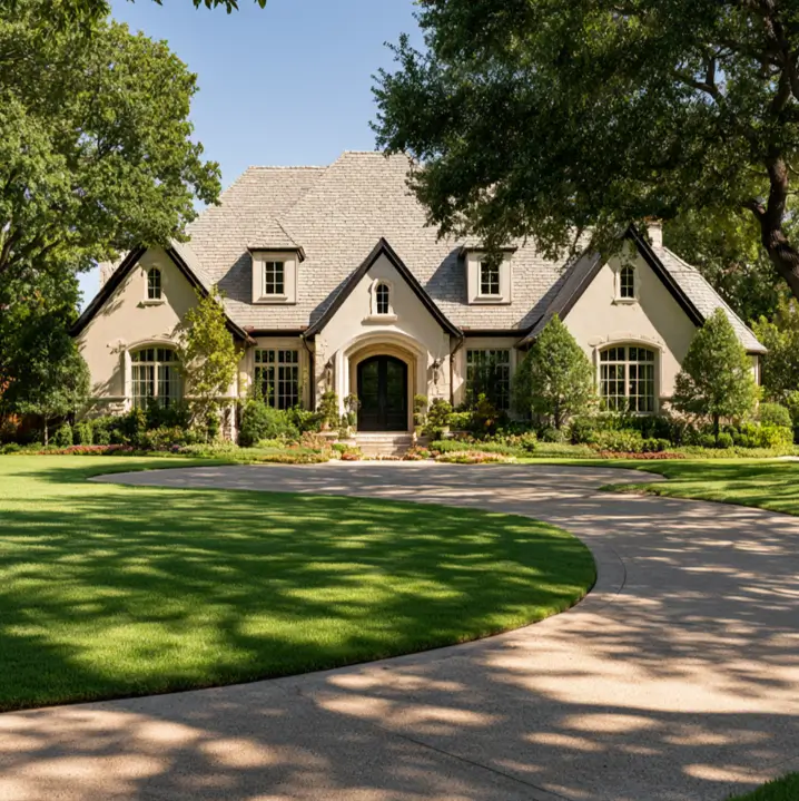 40 Tan House With Black Trim Exteriors Worth Copying 42 French Country tan house with black trim, sand-tan brick, dark window trim, and an arched black door