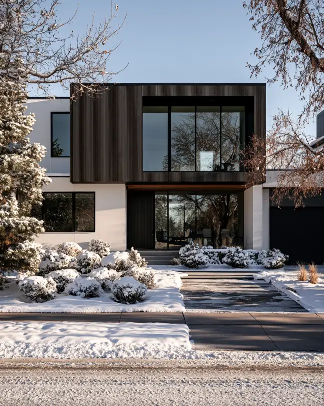 46 Modern Black and White House Exterior Ideas for a Timeless Look 42 Dark wood-slat box cantilevered over a white stucco base in winter